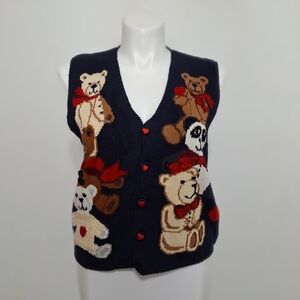 Eagle’s Eye Collectibles 3-D Vintage Grandmacore Teddy Bear V-Neck Knit Vest L